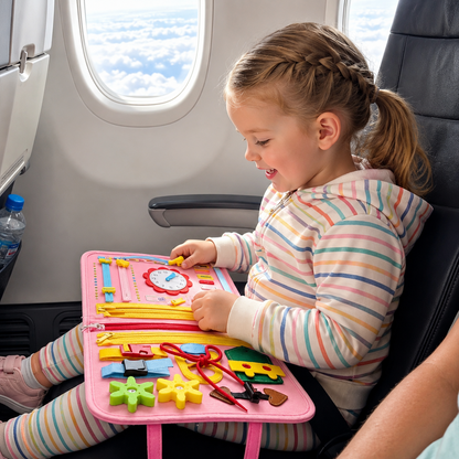 Toddler using Montessori Busy Board on a flight