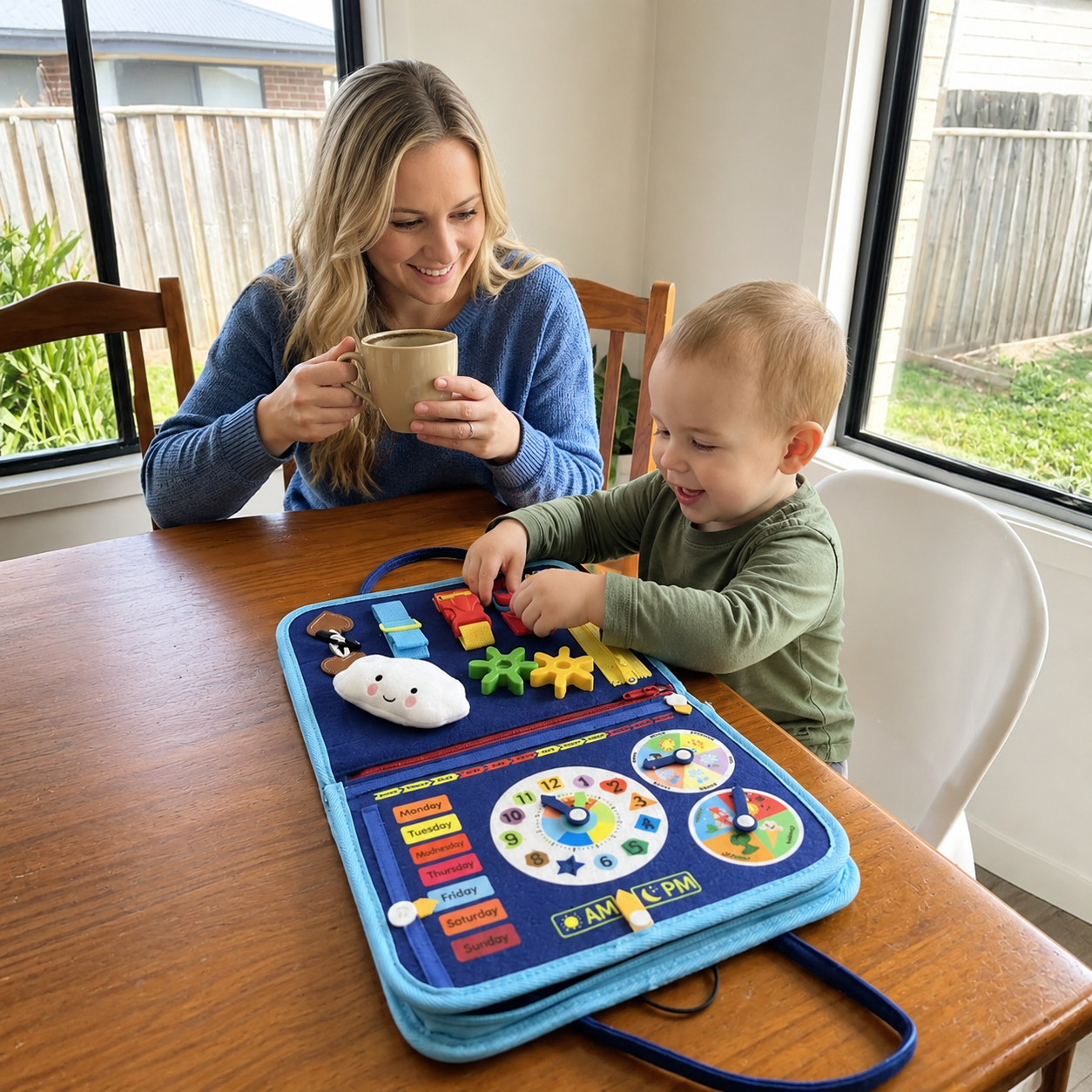 Parent enjoying coffee while toddler plays with Montessori Busy Board