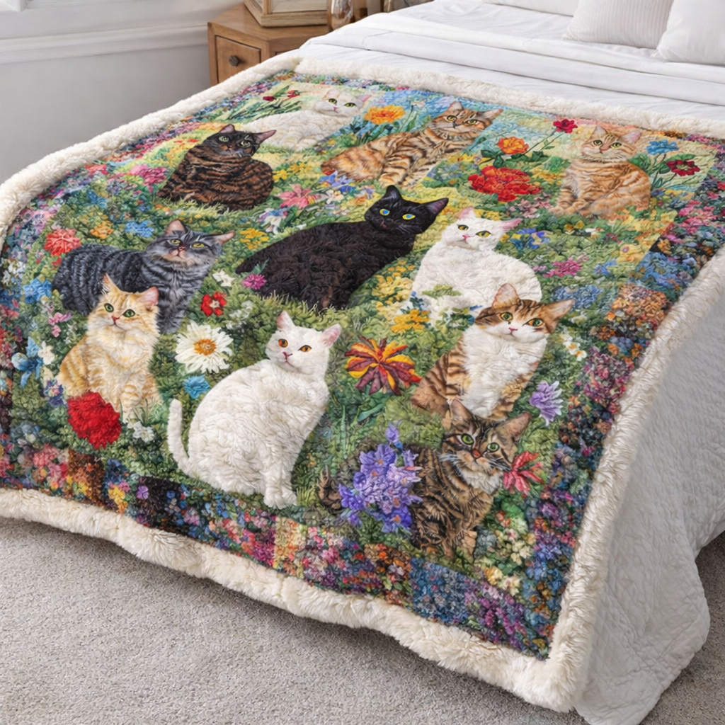 Floral Cats In Garden XR2101003CL Faux Fur Throw Blanket