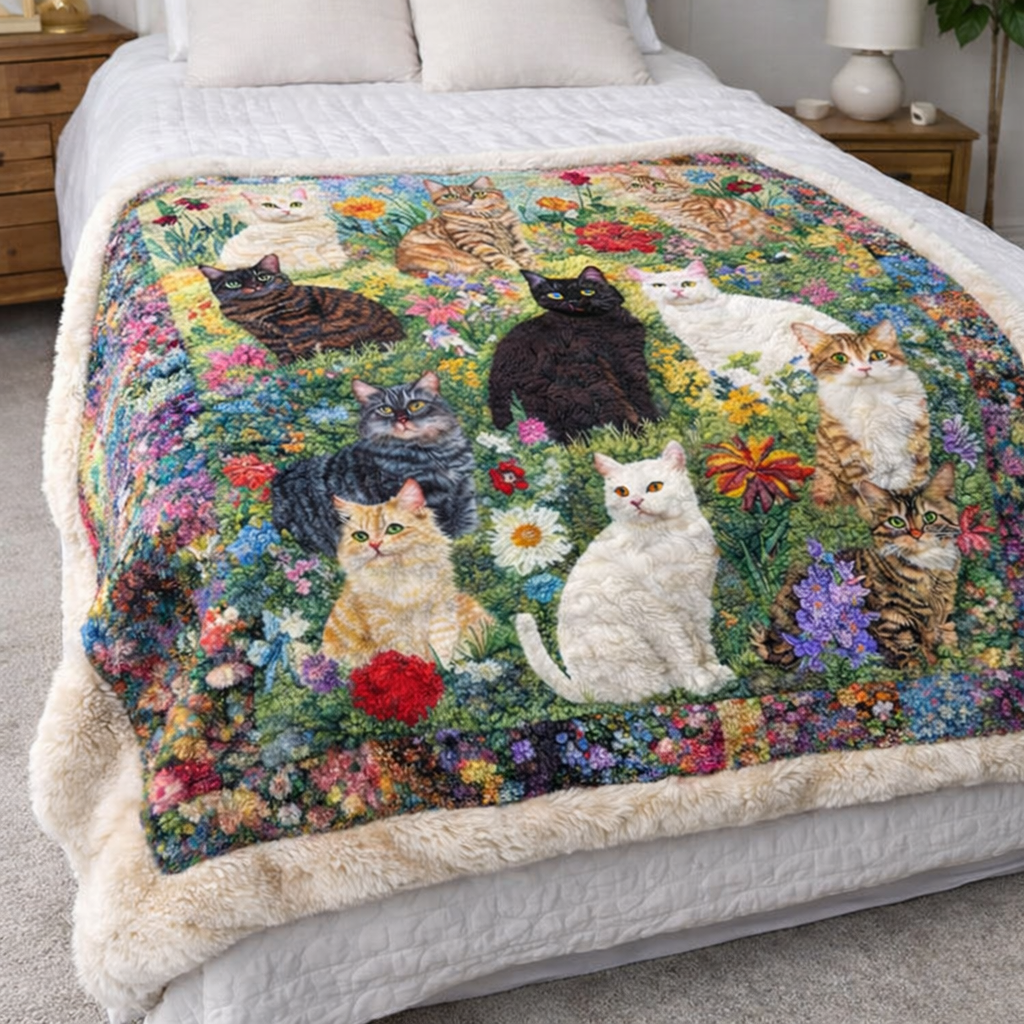 Floral Cats In Garden XR2101003CL Faux Fur Throw Blanket