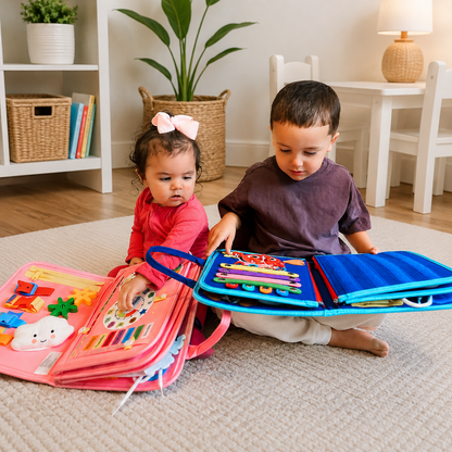 Two children sharing Montessori Busy Boards